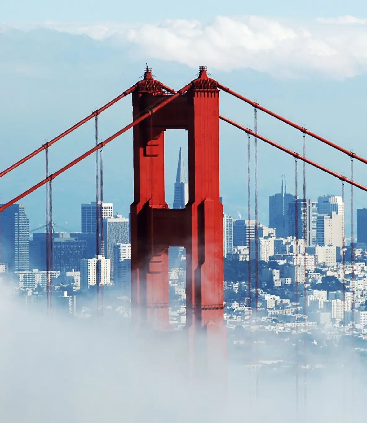 A foggy view of the Golden Gate Bridge, shrouded in mist, highlights its majestic structure against a gray backdrop.