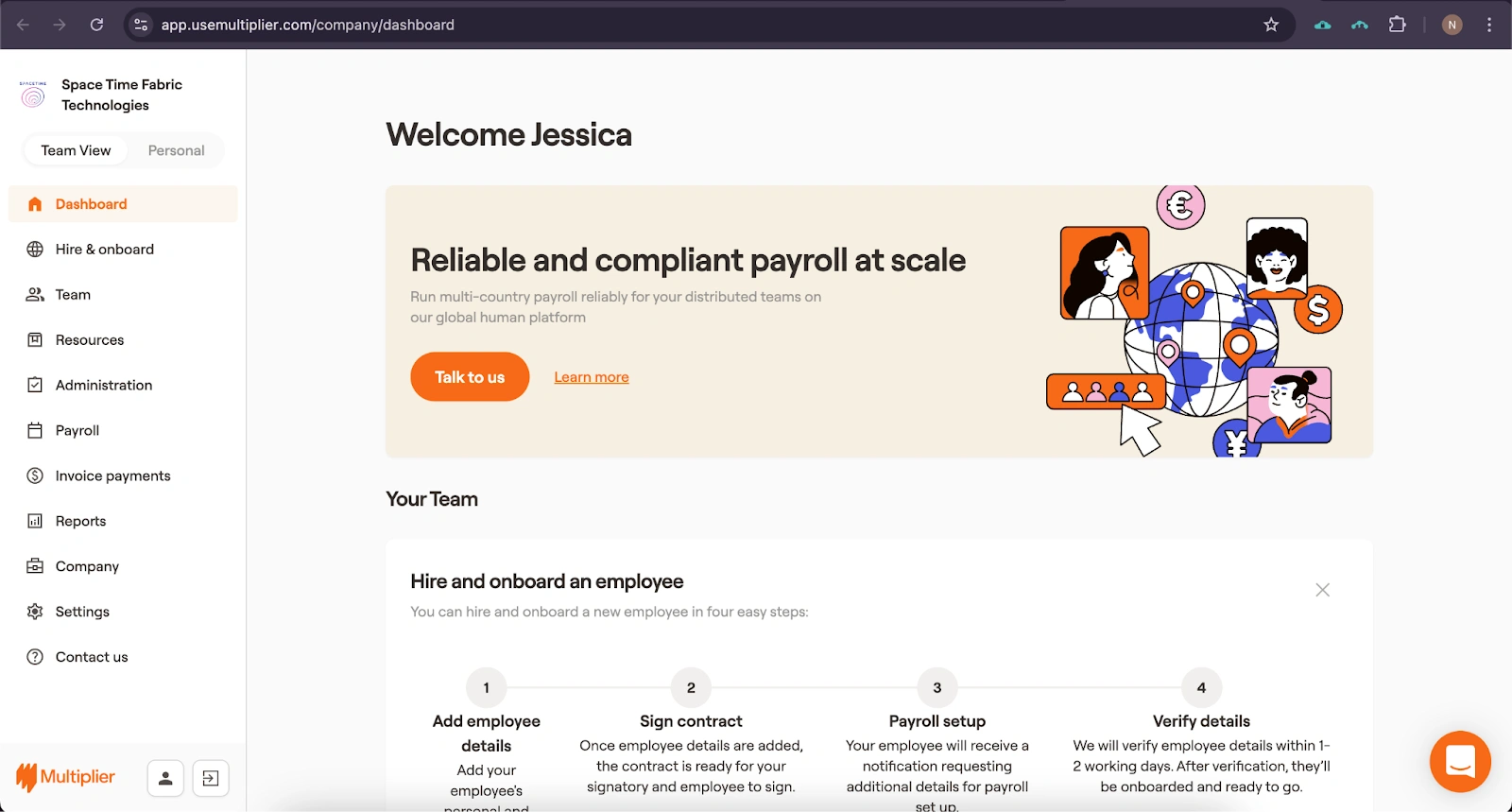 Multiplier platform dashboard to run Brazil payroll.