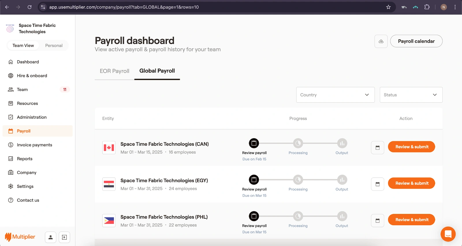 Payroll dashboard with Canada entity.