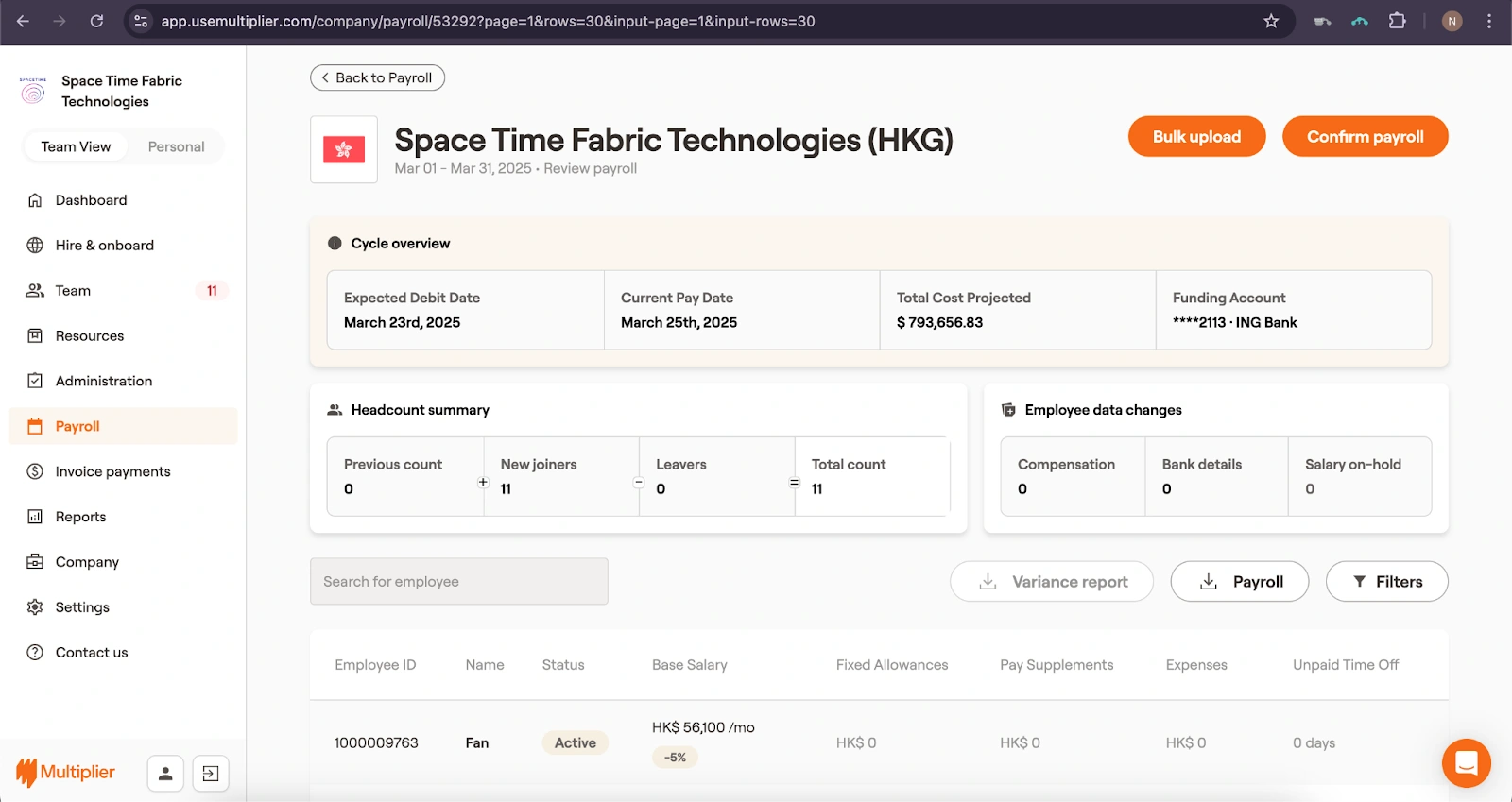 Payroll dashboard with Hong Kong entity.