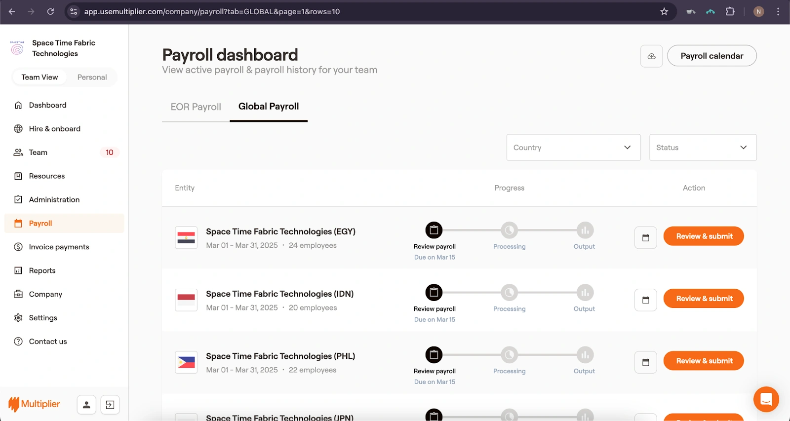 Payroll dashboard with Indonesia entity.