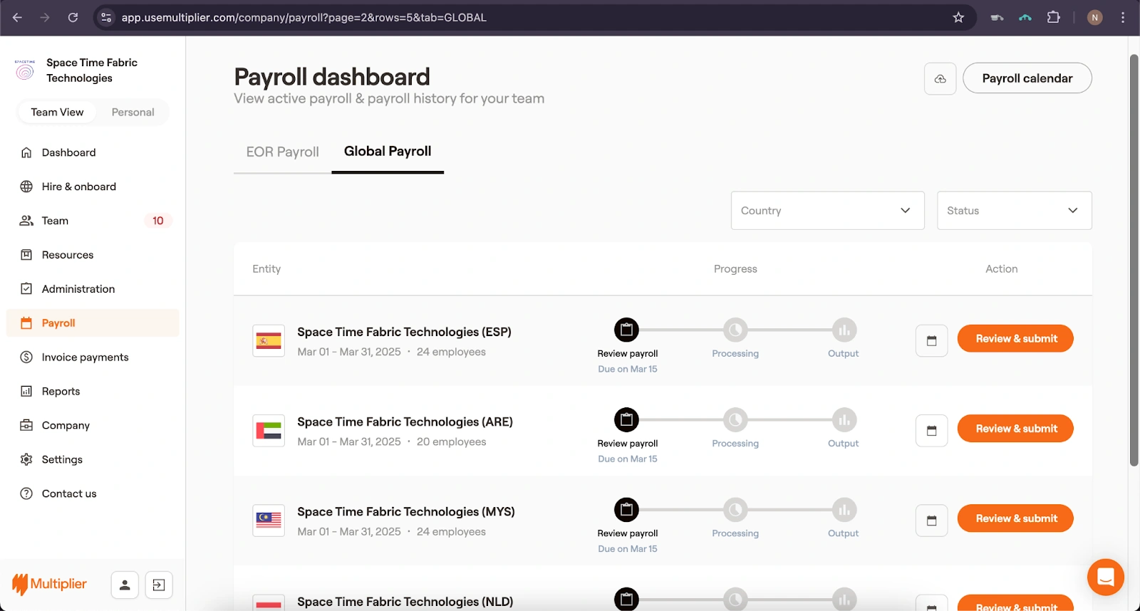 Payroll dashboard with Malaysia entity.