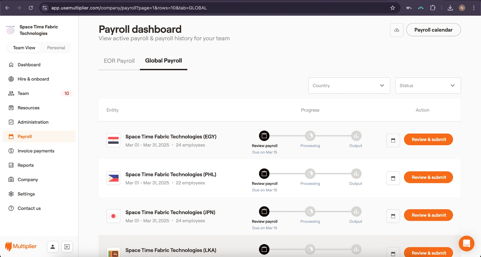 Payroll dashboard with Philippines entity.