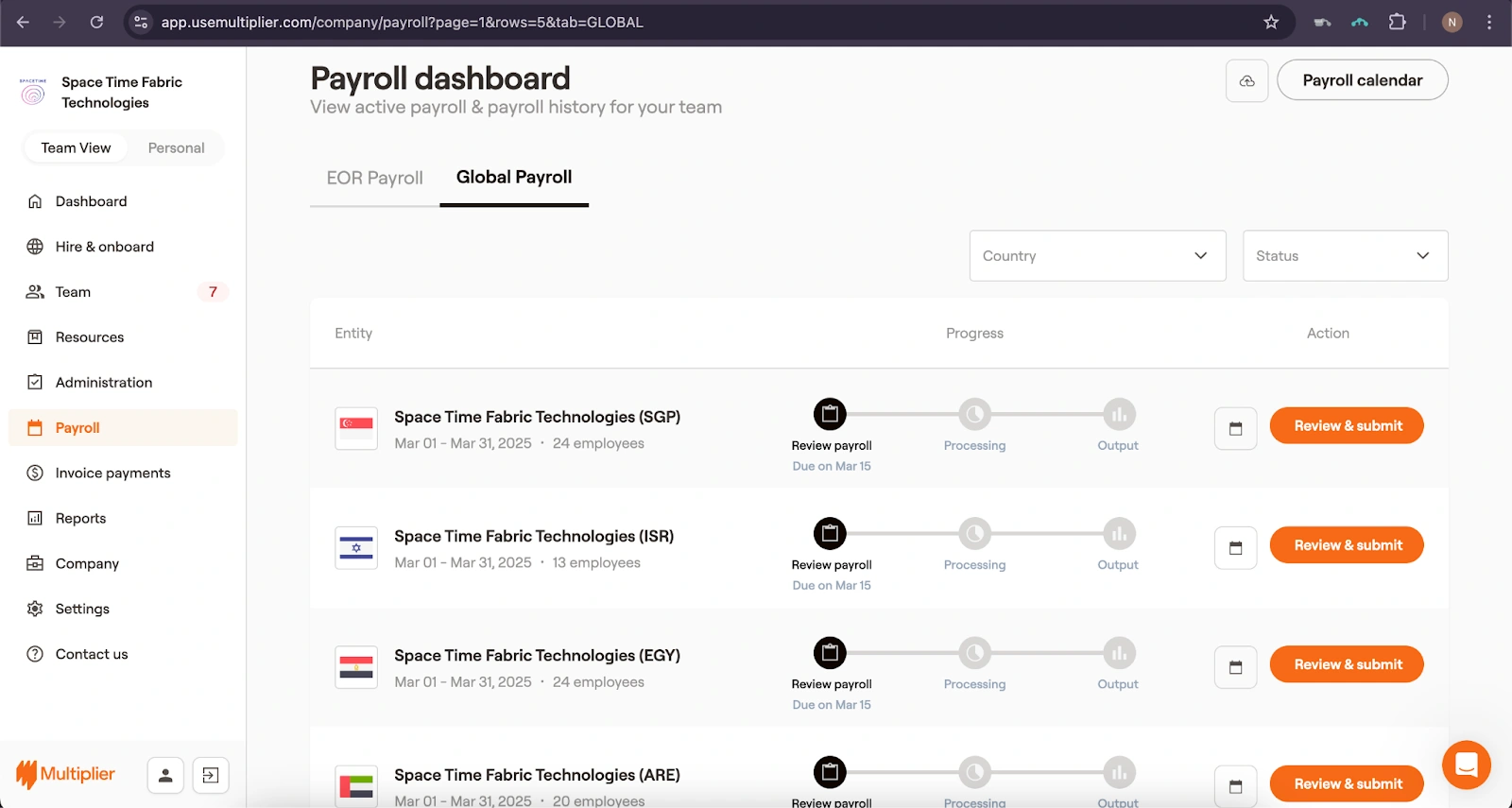 Payroll dashboard with Singapore entity.