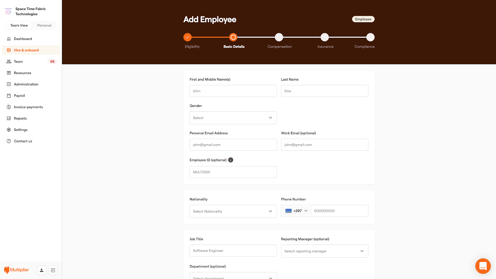 Employee details required to hire using an Employer of Record. 