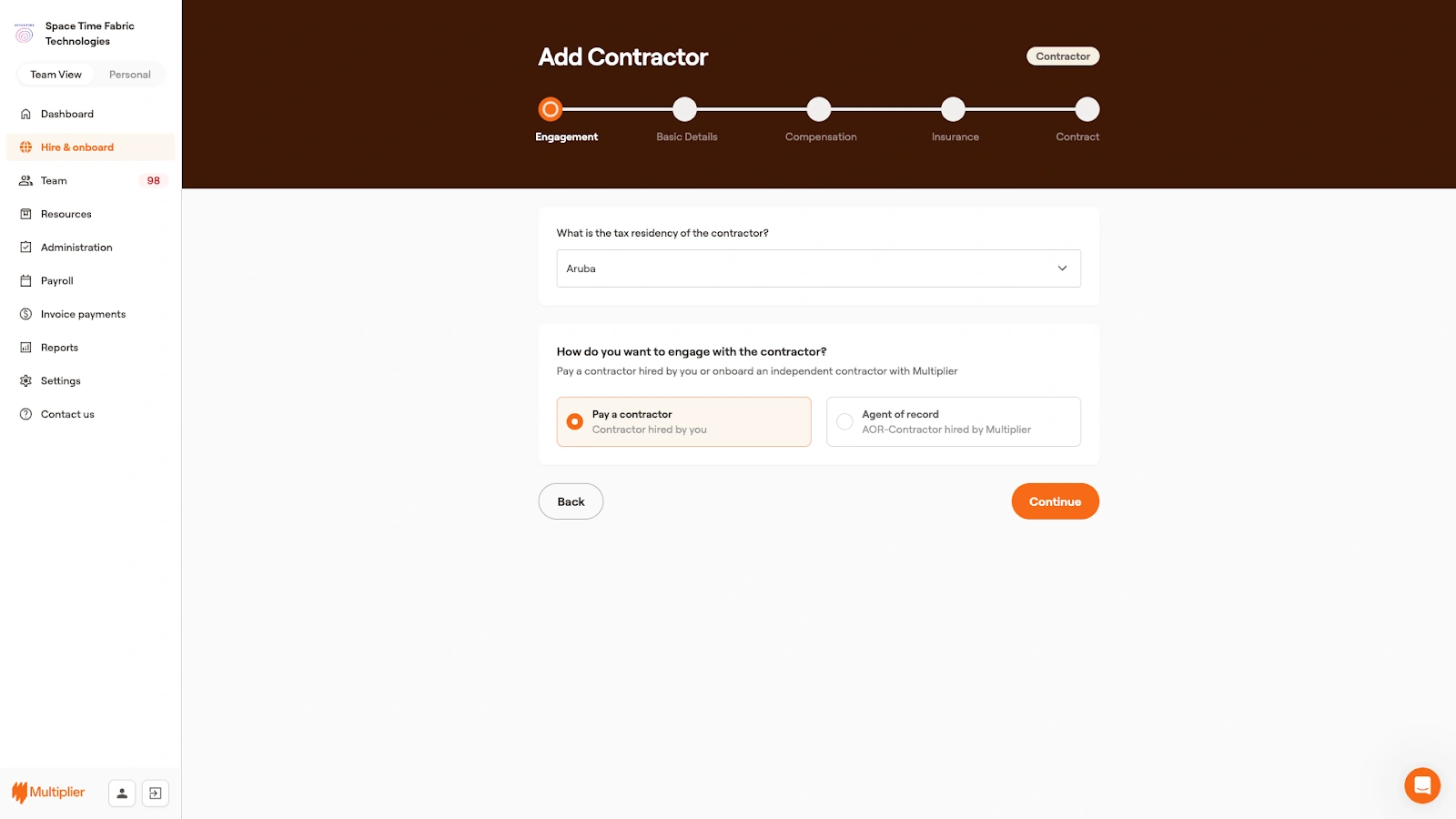 Contractor engagement for onboarding a contractor.