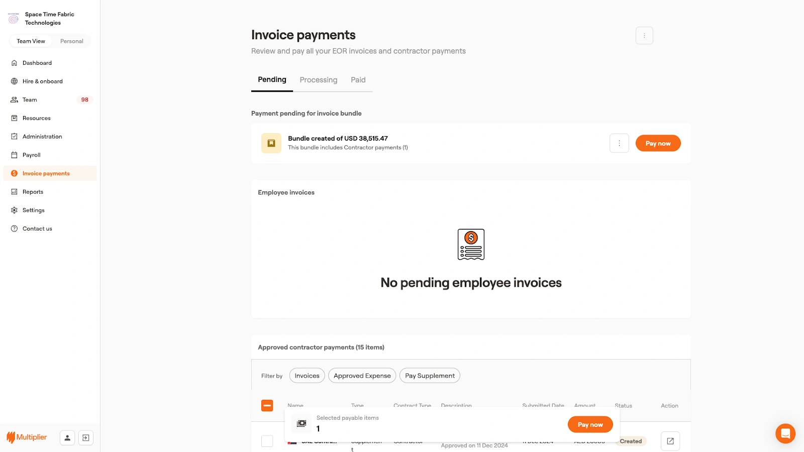 Invoice payments tab to pay contractor invoices. 