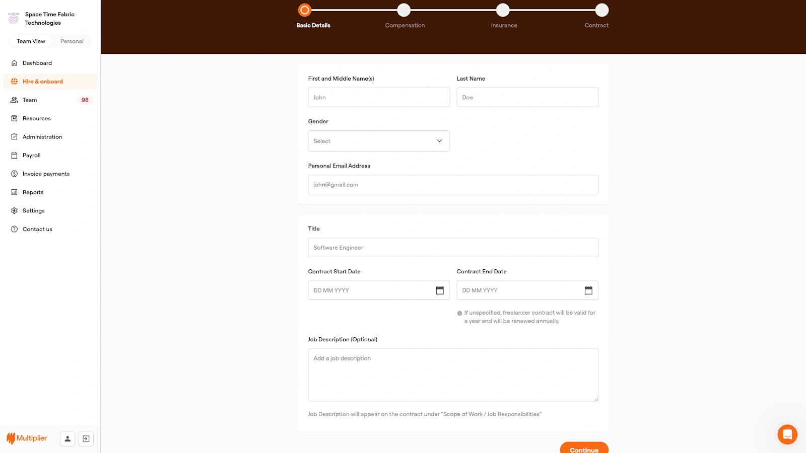 Contractor basic details required to onboard a contractor.