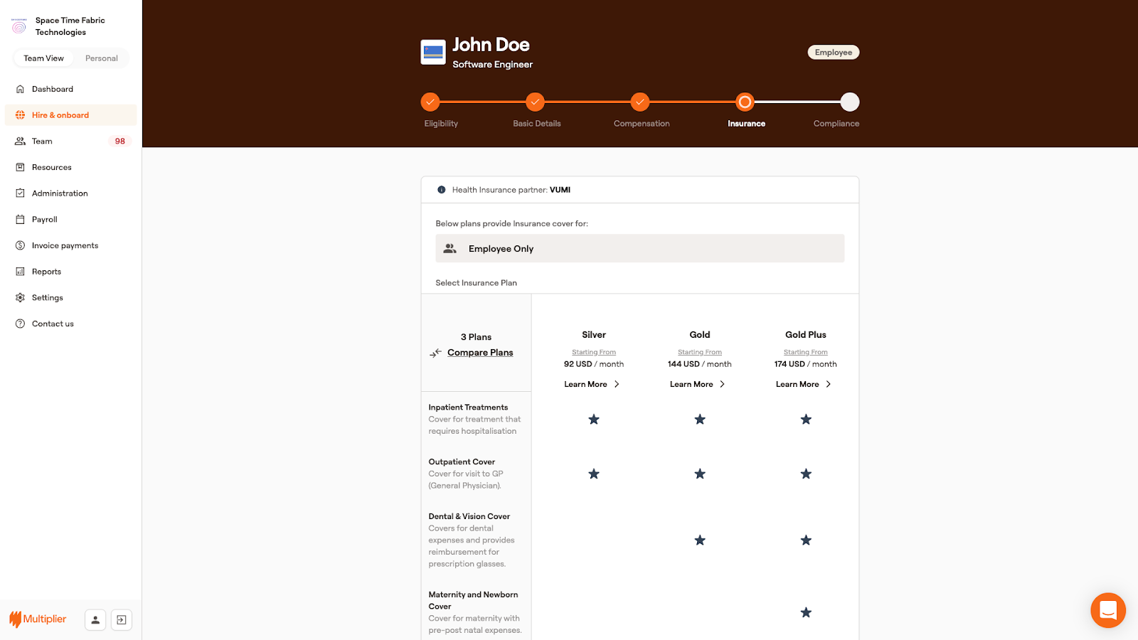 Insurance benefits options available for an employee hired using an Employer of Record. 