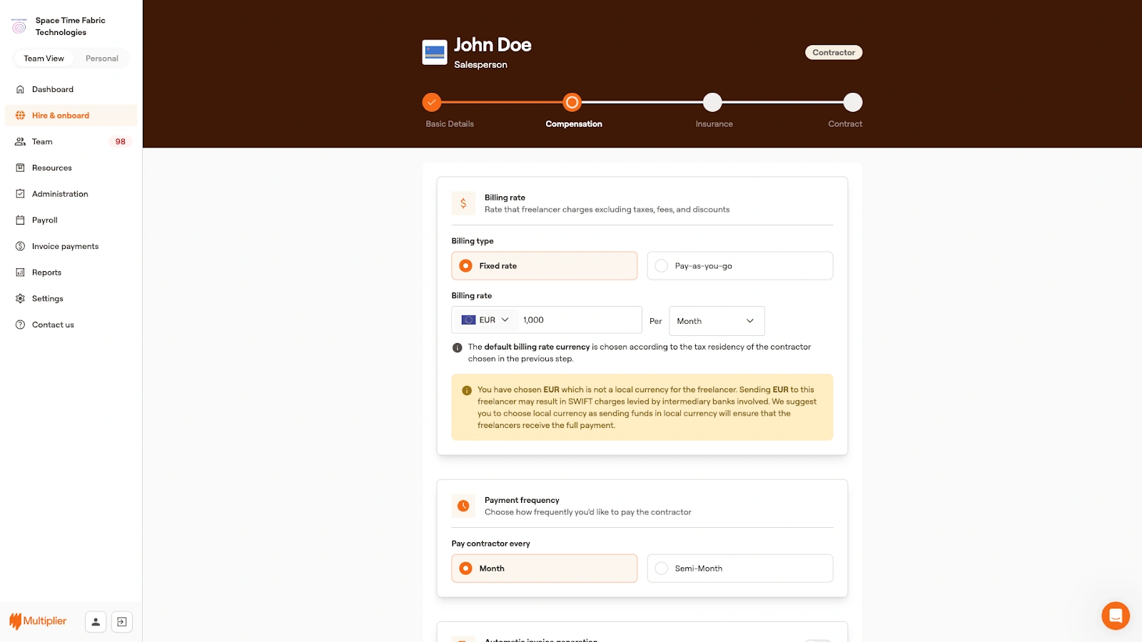 Compensation type, rate, and frequency for onboarding a contractor.