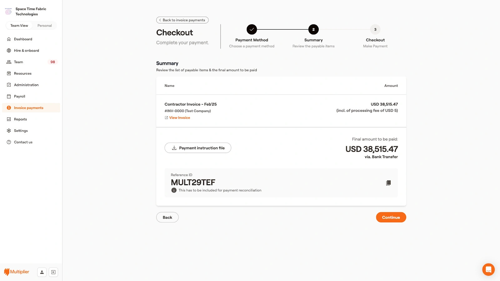 Summary of contractor invoice to be paid. 