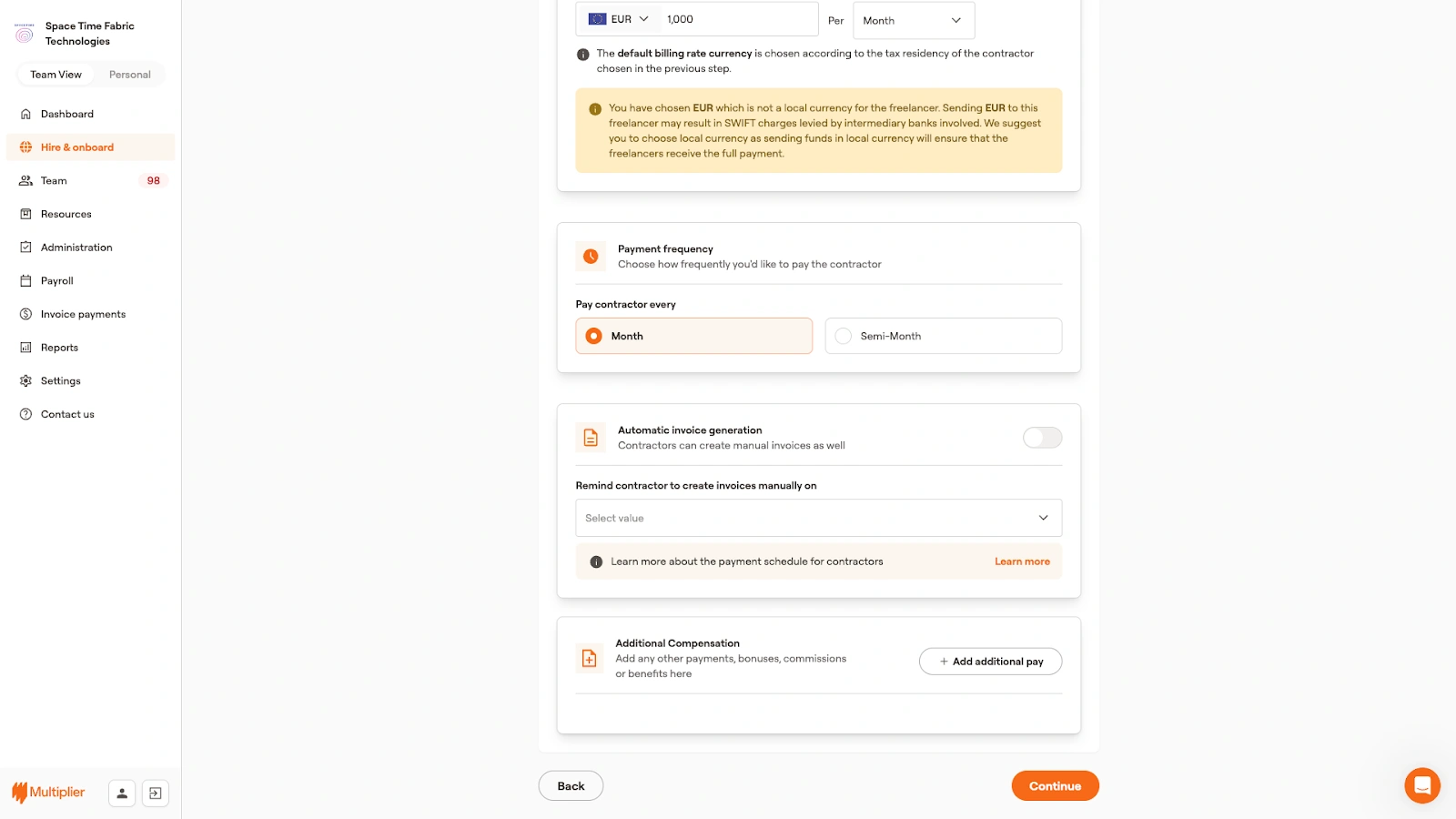 Additional compensation for onboarding a contractor.