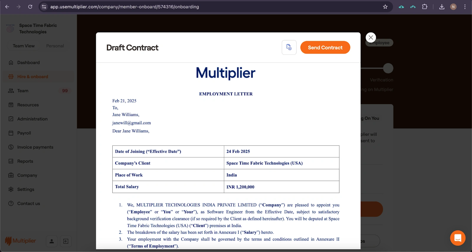 Employment contract for hiring using an Employer of Record in India. 