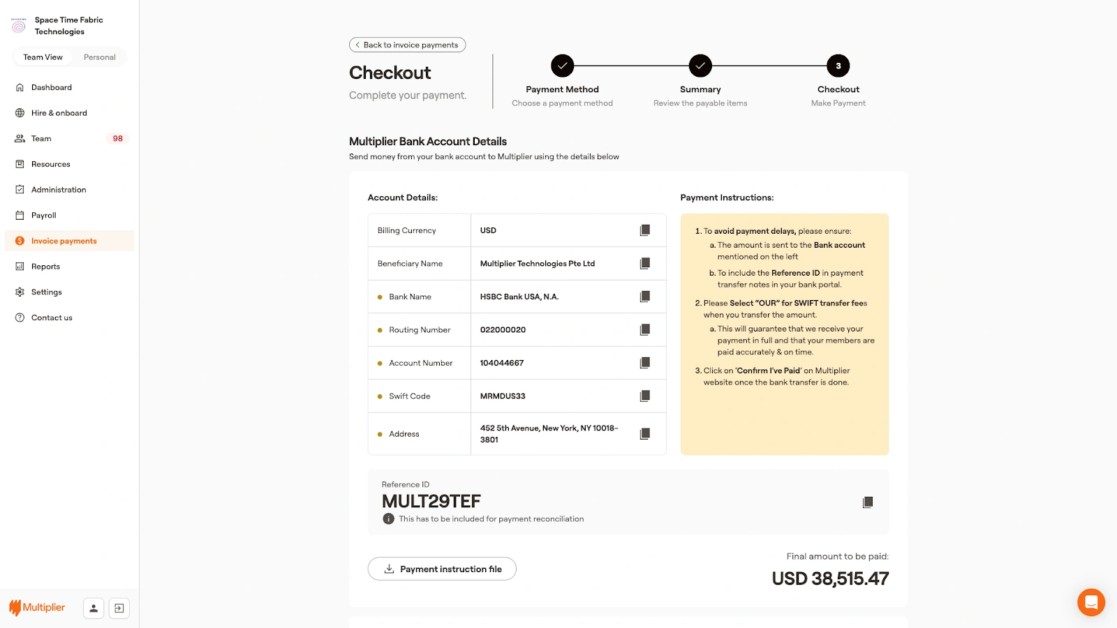 Checkout and payment instruction file to pay contractor invoice.