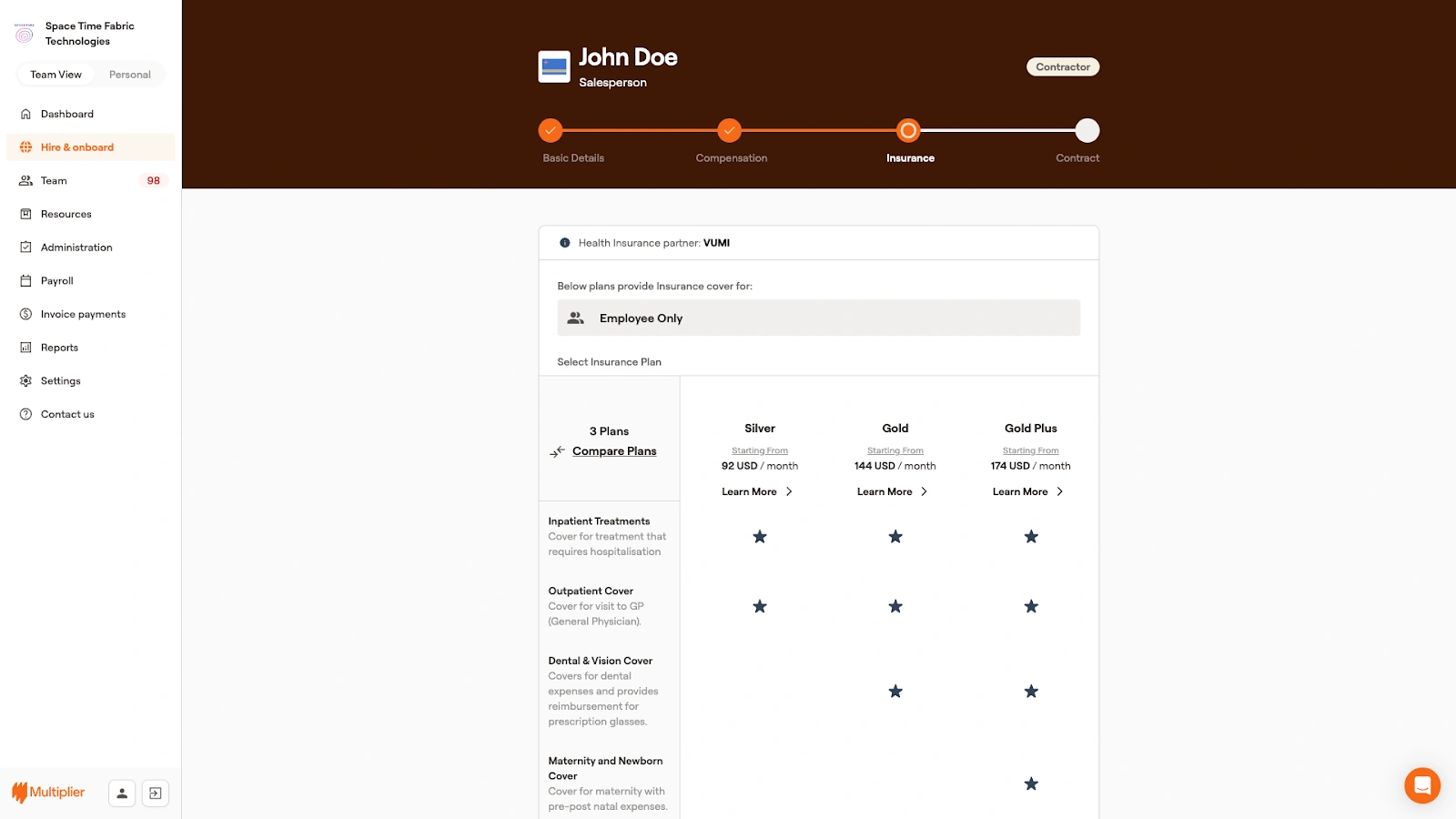 Insurance options available for onboarding a contractor.