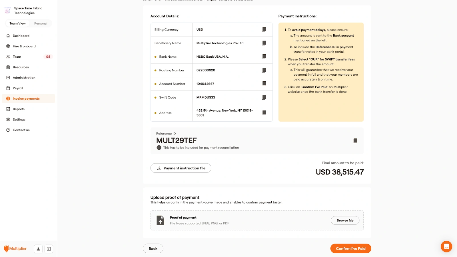 Payment confirmation for contractor invoice.