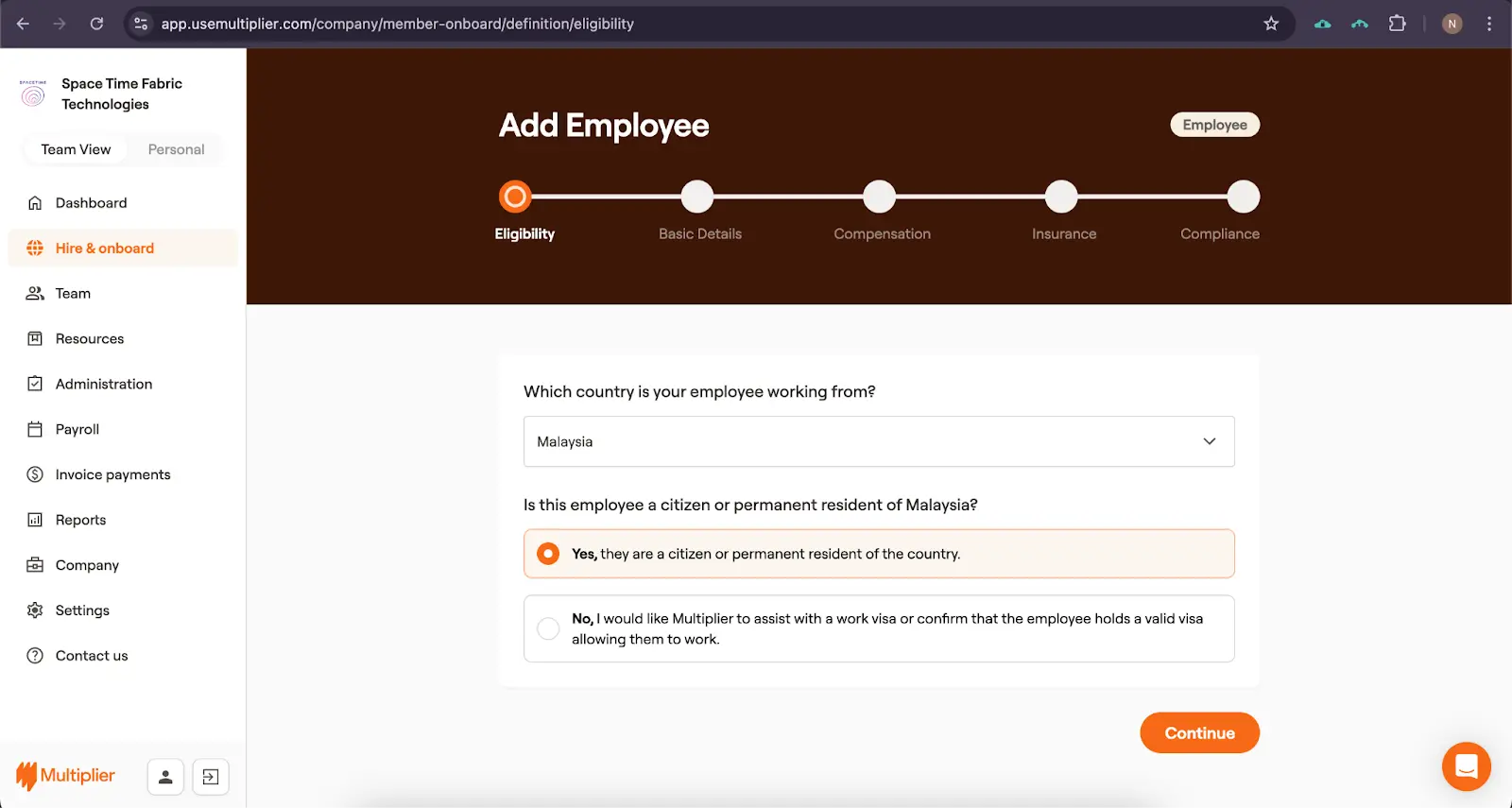 Employee eligibility for hiring using an Employer of Record in Malaysia.