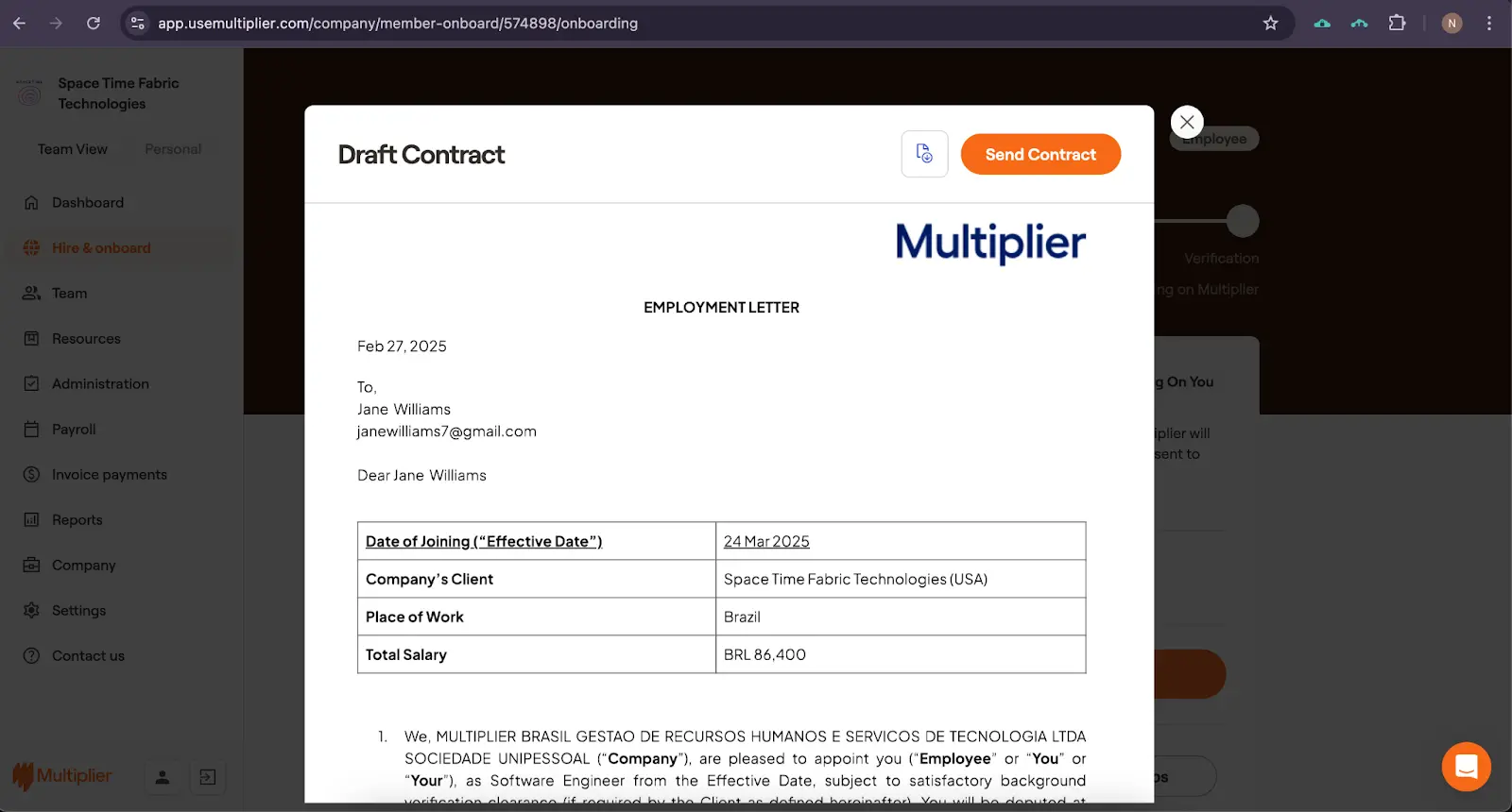 Employment contract for hiring using an Employer of Record in Brazil. 