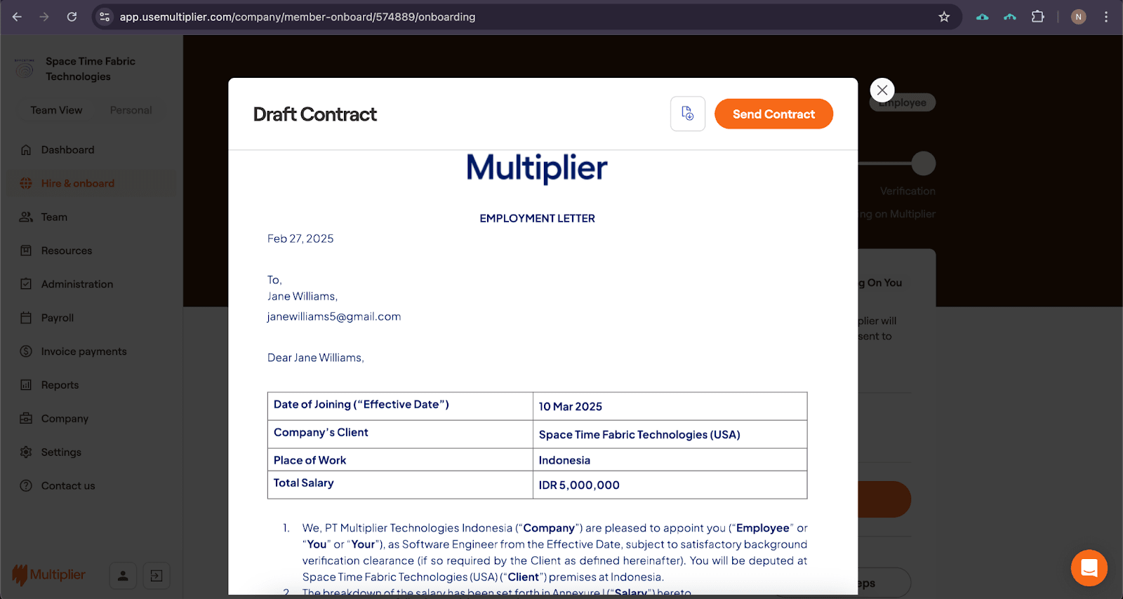 Employment contract for hiring using an Employer of Record in Indonesia. 