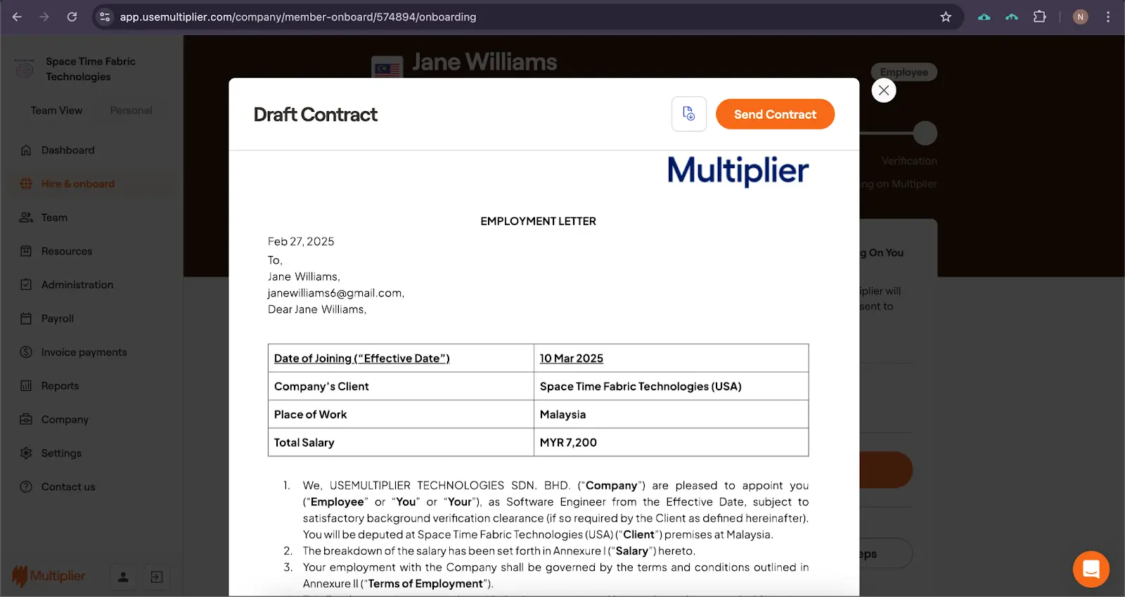 Employment contract for hiring using an Employer of Record in Malaysia. 