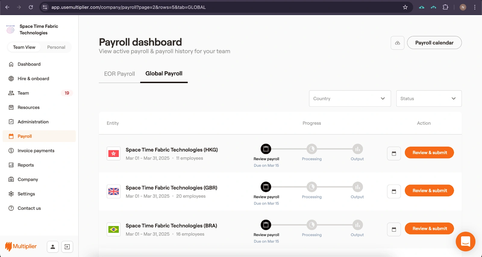 Payroll dashboard with United Kingdom entity.