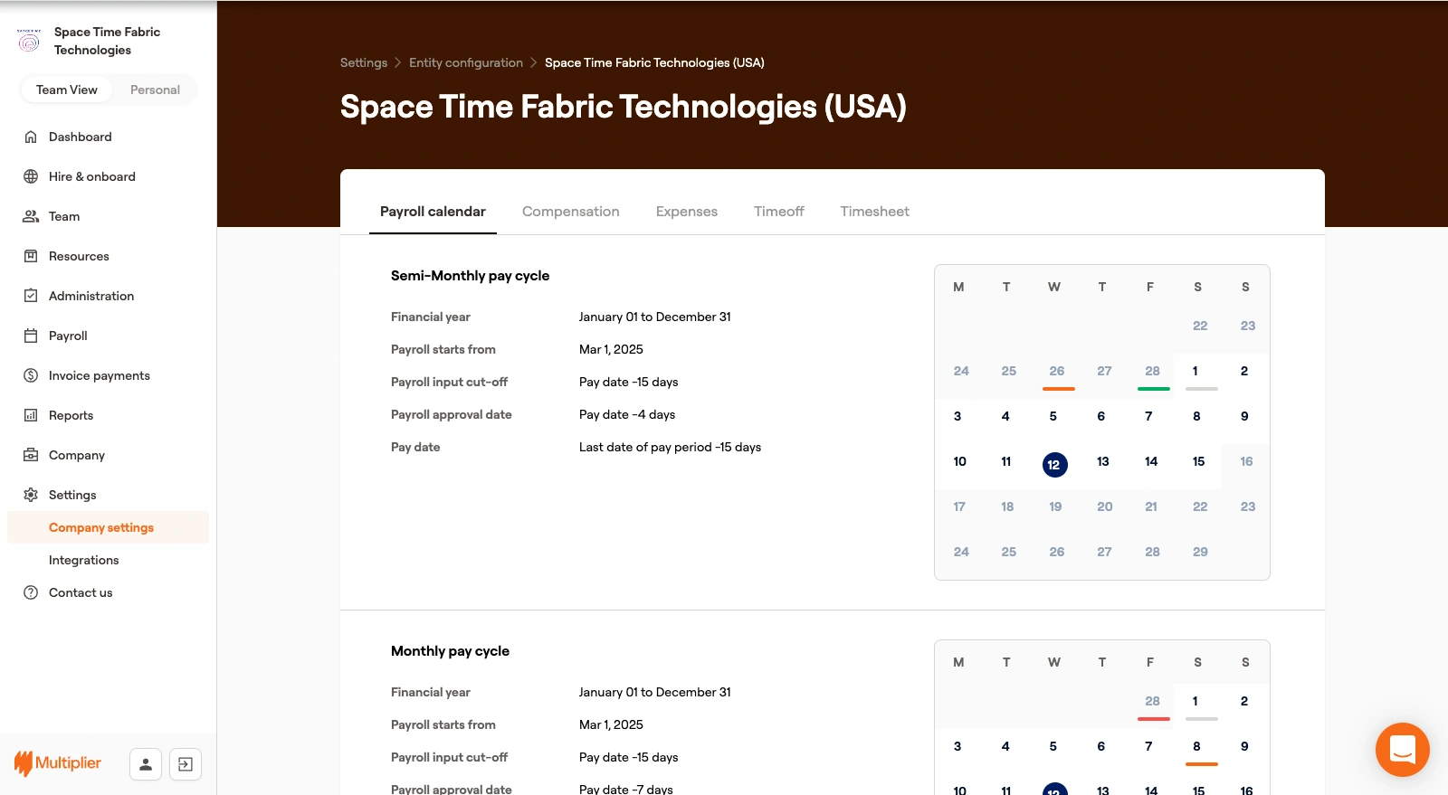 Cut-off dates, pay dates, and statutory pay components for USA payroll.