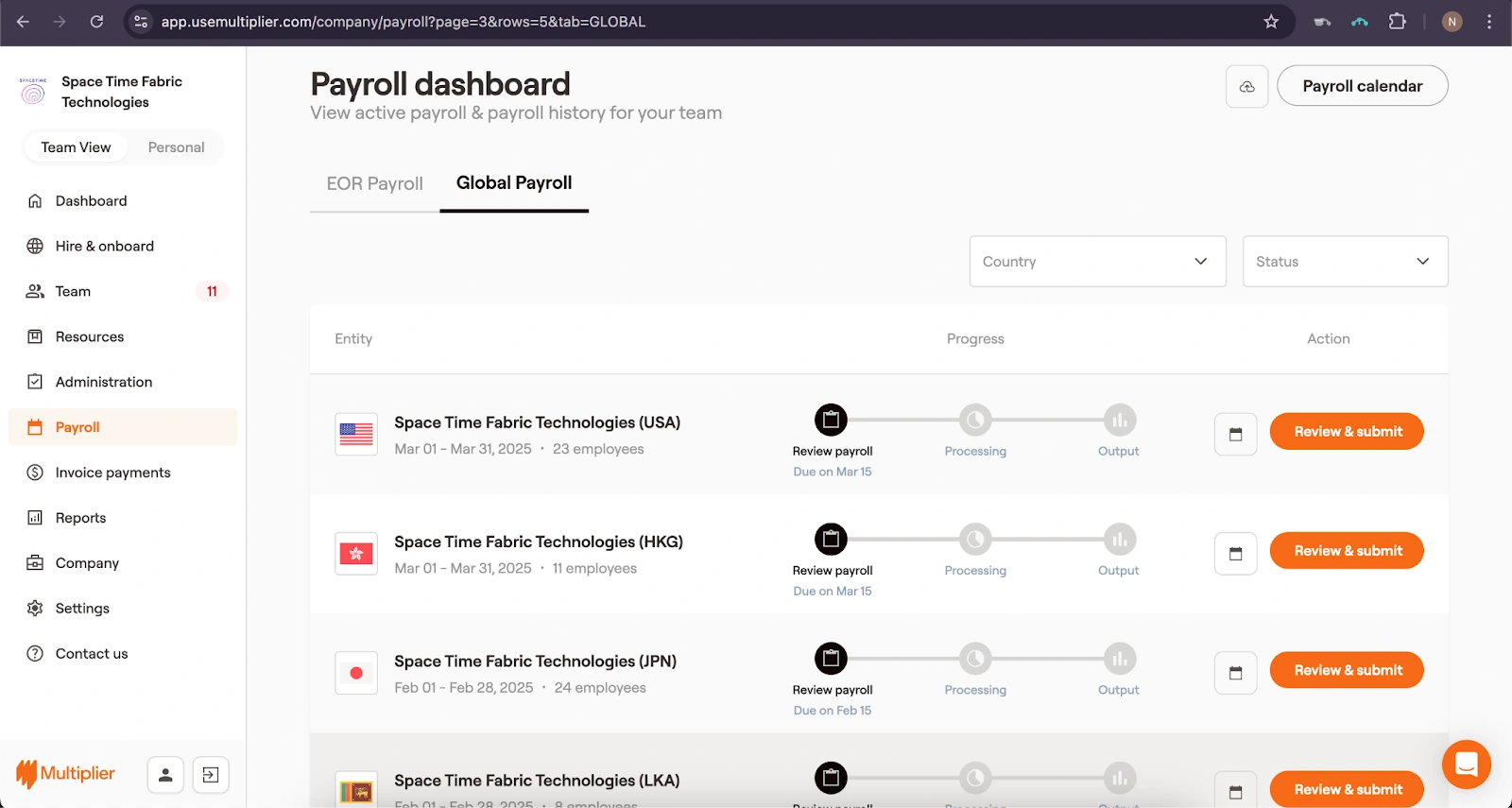 Payroll dashboard with USA entity.