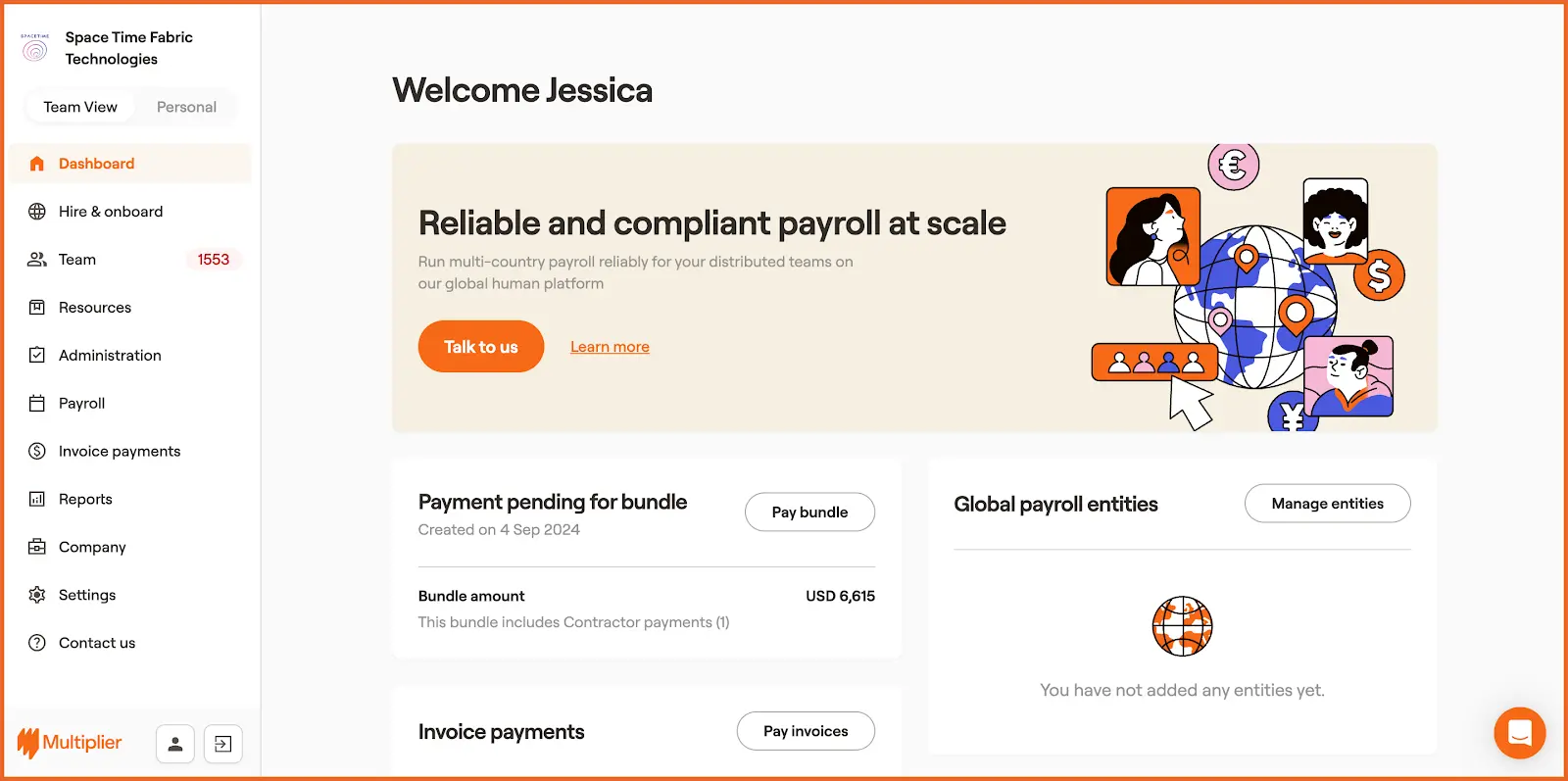 Multiplier dashboard to hire an employee using an Employer of Record
