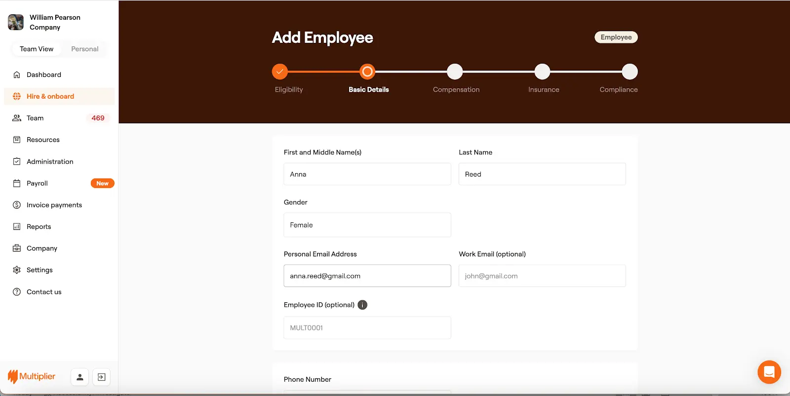 Employee basic details for hiring using an Employer of Record.