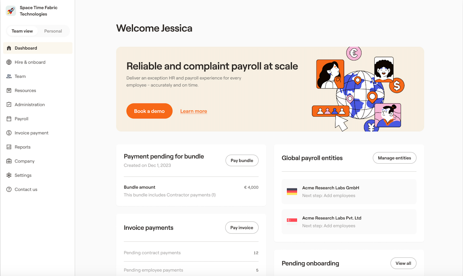 Multiplier platform dashboard to run Global Payroll.