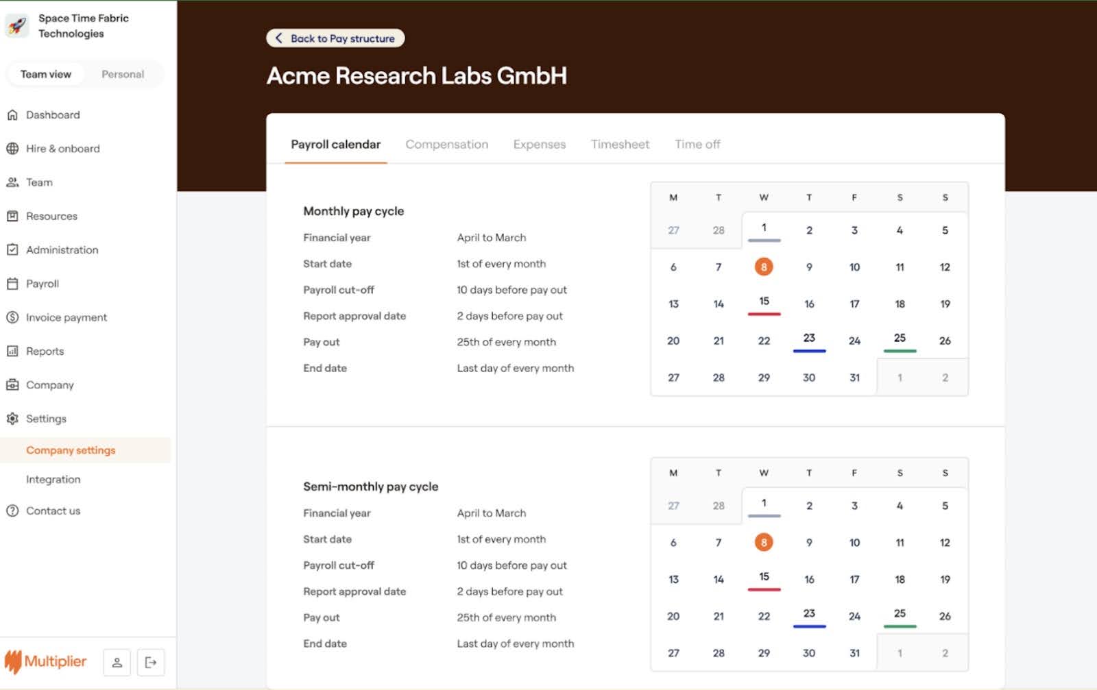 Cut off dates, pay dates, and pay components for employees on Global Payroll. 