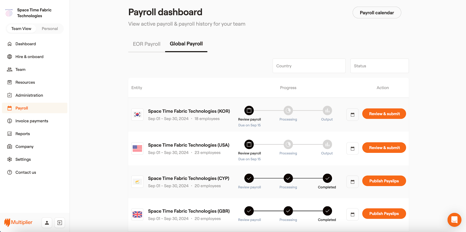 Payroll dashboard with company entities for running Global Payroll.  
