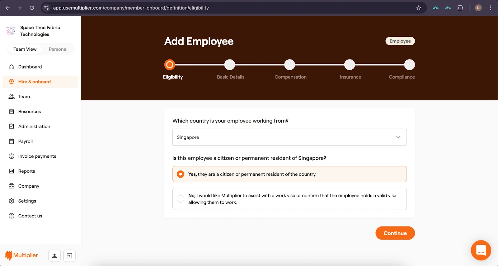 Employee eligibility for hiring using an Employer of Record in Singapore. 