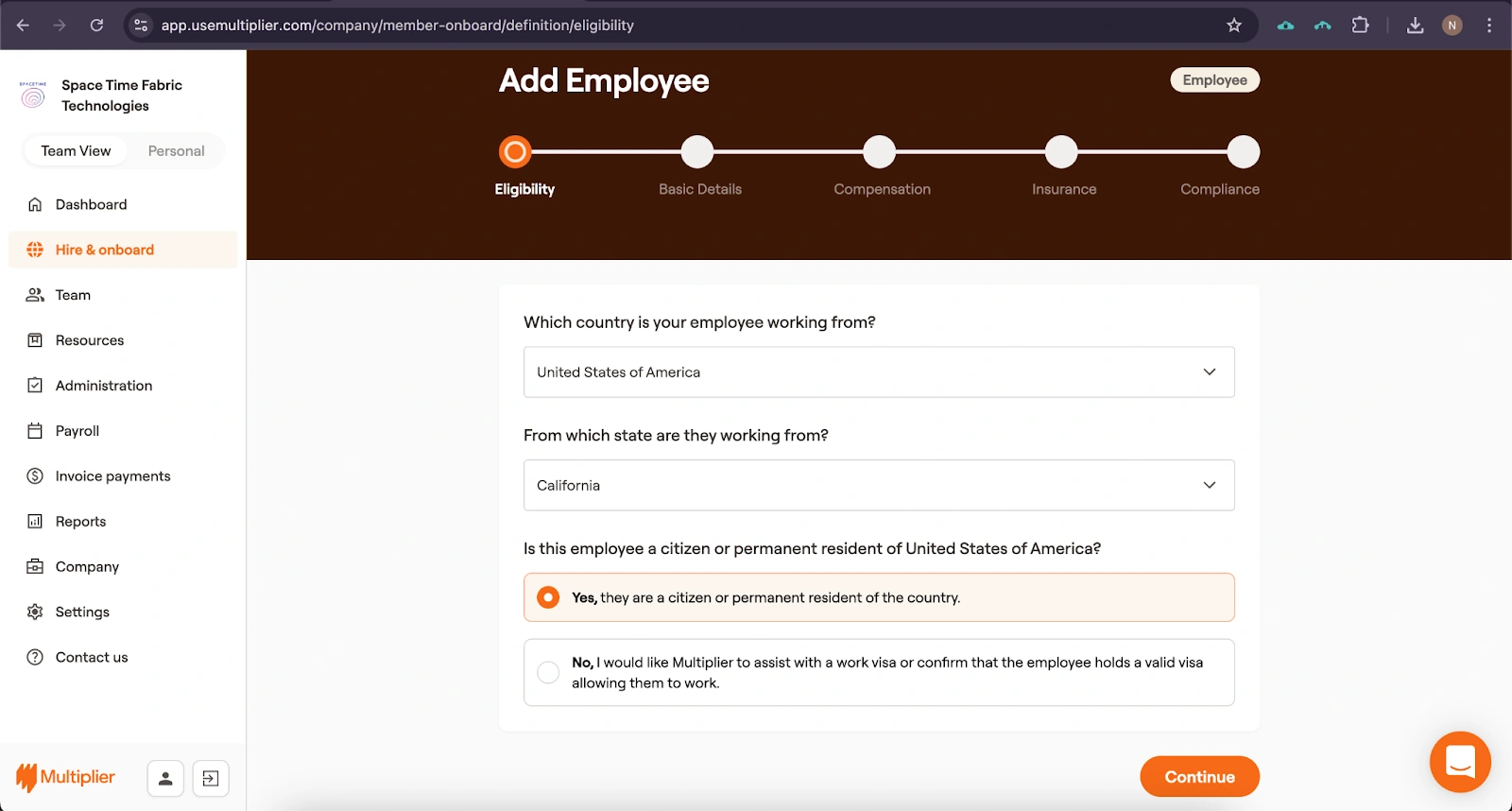 Employee eligibility for hiring using an Employer of Record in the United States. 