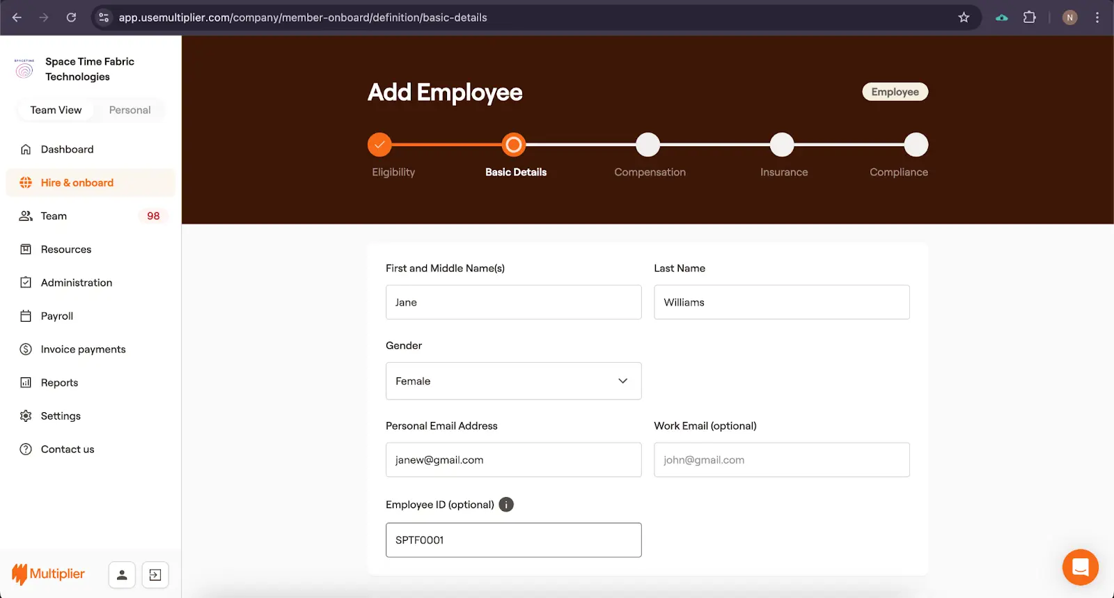 Employee details required to hire using an Employer of Record in Canada. 