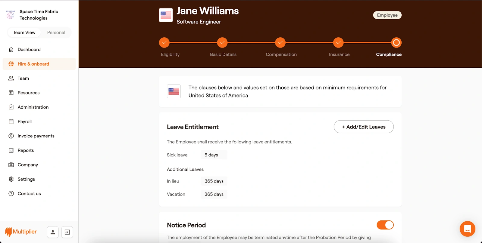Benefits and leave policy to hire using an Employer of Record in the United States.