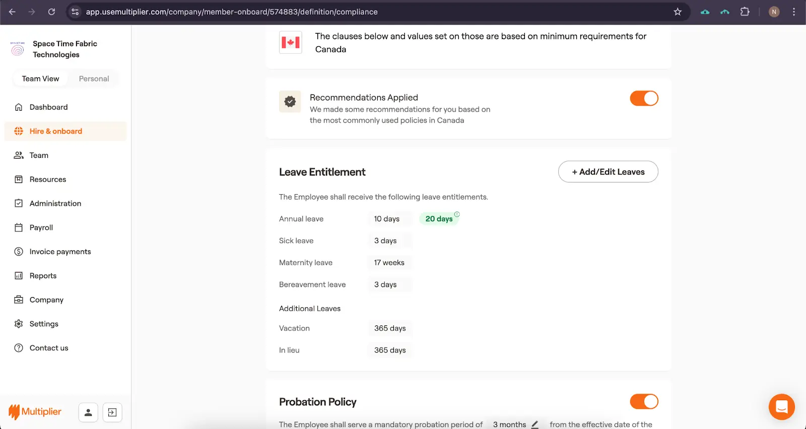Benefits and leave policy to hire using an Employer of Record in Canada.