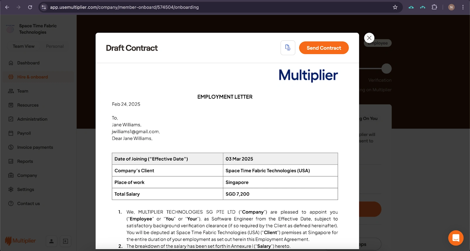 Employment contract for hiring using an Employer of Record in Singapore. 