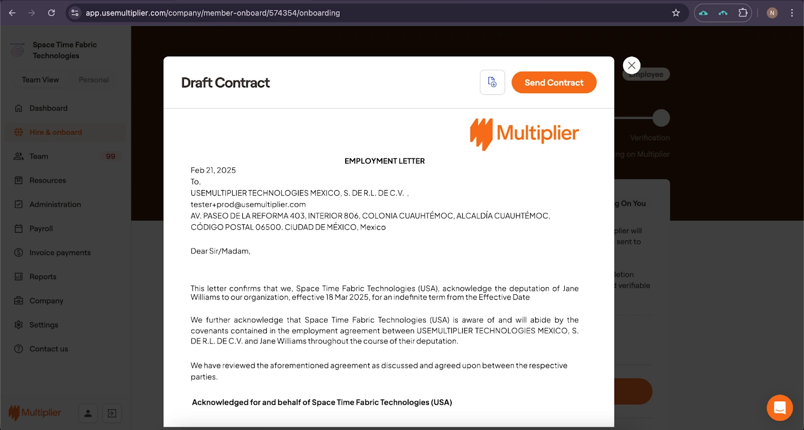 Employment contract for hiring using an Employer of Record in Mexico. 