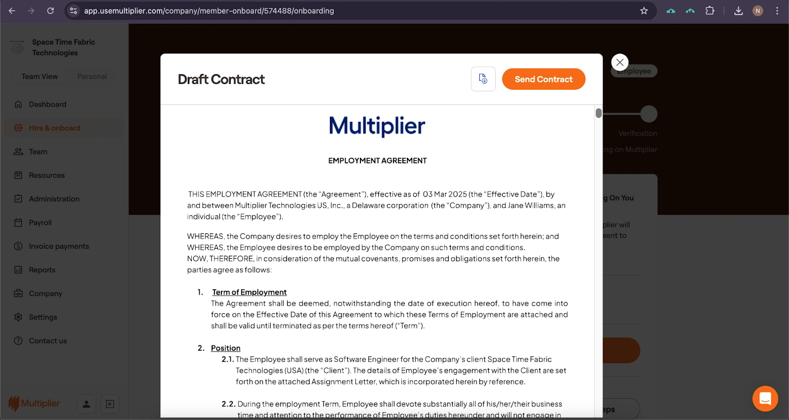 Employment contract for hiring using an Employer of Record in the United States. 