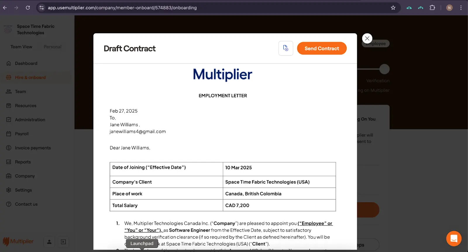 Employment contract for hiring using an Employer of Record in Canada. 