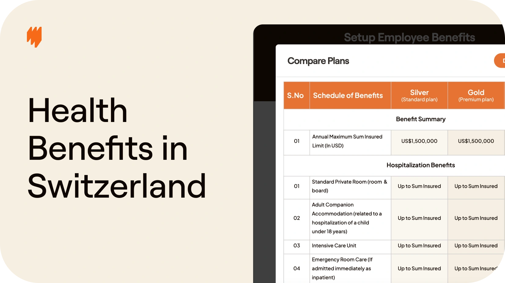 Dashboard view with Benefits module to provide insurance to employees in Switzerland.