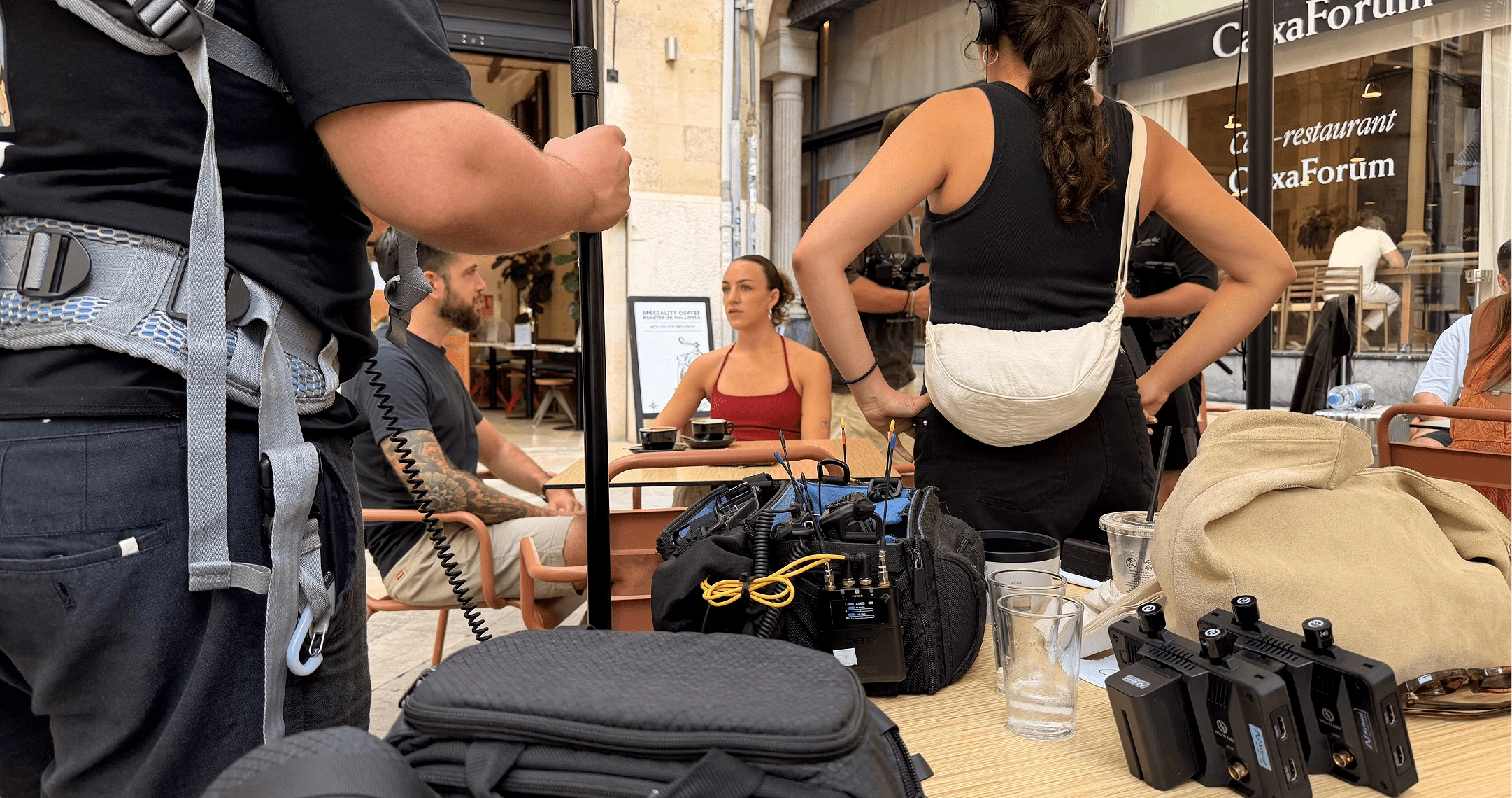 Emma Baigey and Aleix R Brunsoms on set at a cafe for Multiplier Global Thread Episode 1